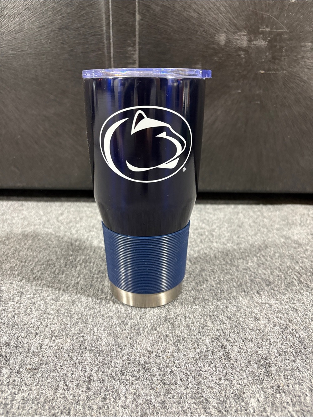 Navy Stainless Travel Tumbler with Penn State White Logo and Grip Band